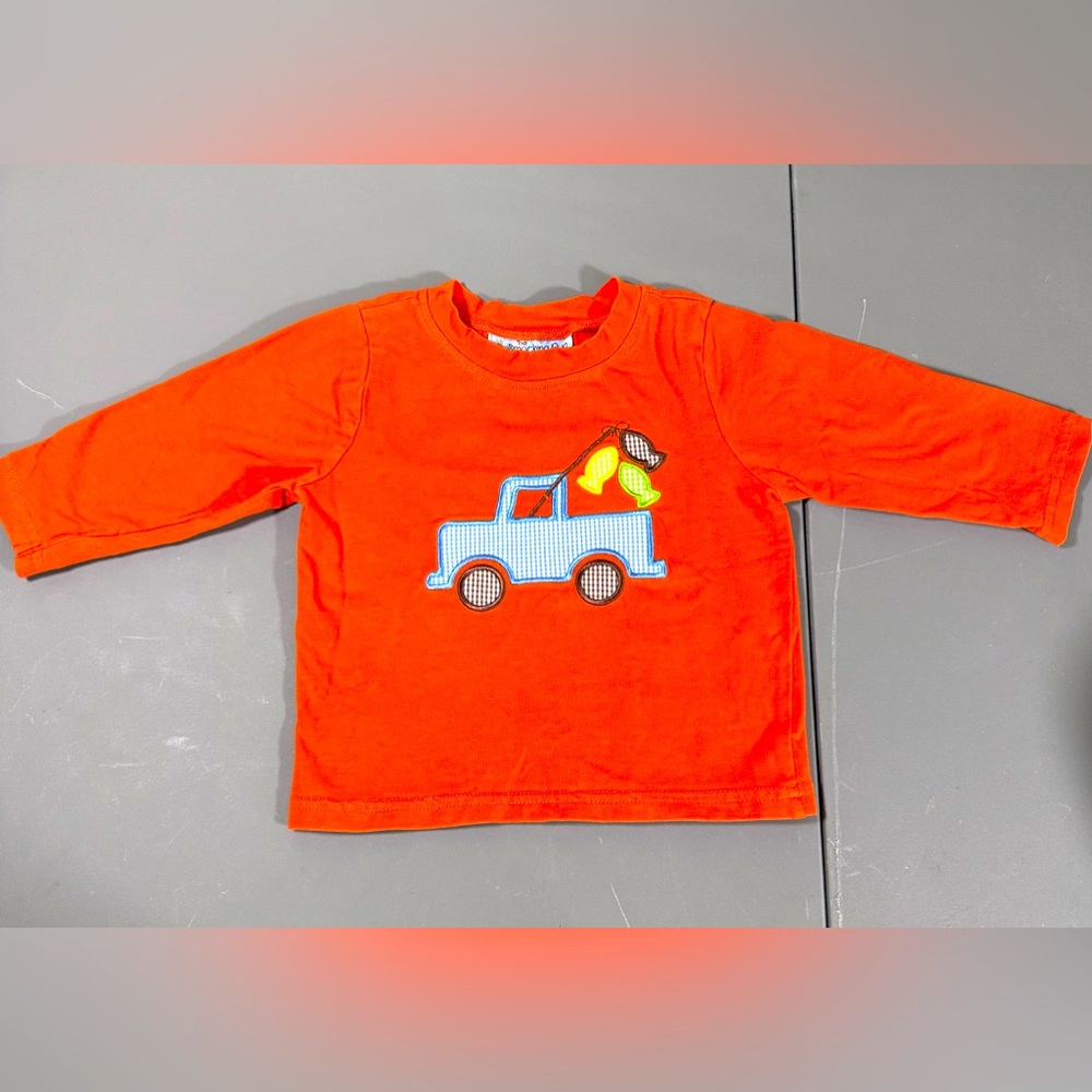 SMOCKING BUG Boys 9 Months tee Orange T-shirt top Truck Fishing Pole Appliqué